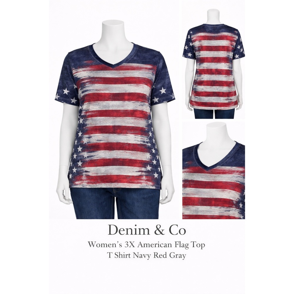 Denim & Co Womens 3X American Flag Top T Shirt Patriotic Red‎ Gray Blue A291647